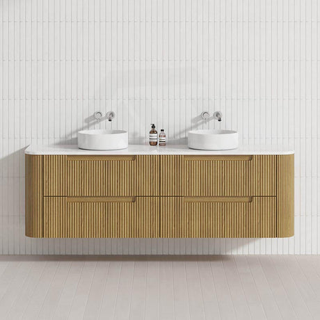 Aulic Varcelli Tier 750-1800mm Curved Ribbed Harvest Oak Wall Hung Vanity with Finger Pull Drawers