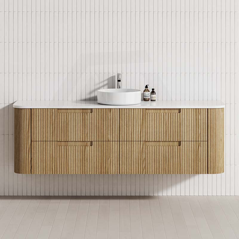 Aulic Varcelli Tier 750-1800mm Curved Ribbed Harvest Oak Wall Hung Vanity with Finger Pull Drawers