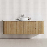 Aulic Varcelli Tier 750-1800mm Curved Ribbed Harvest Oak Wall Hung Vanity with Finger Pull Drawers