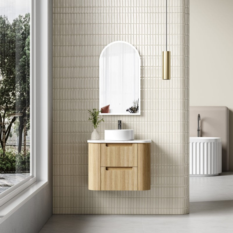 Aulic Varcelli Tier 750-1800mm Curved Ribbed Harvest Oak Wall Hung Vanity with Finger Pull Drawers