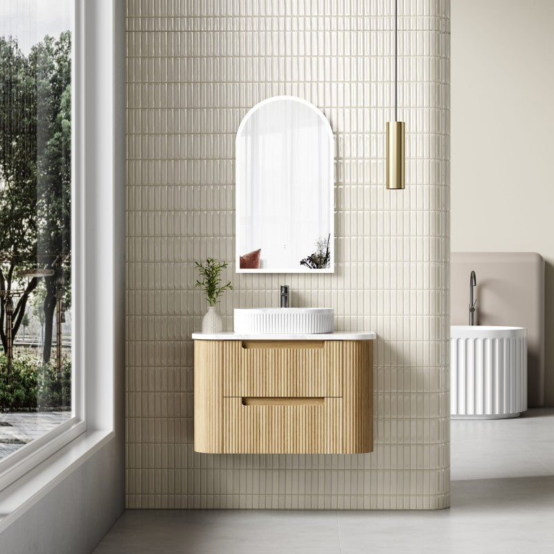 Aulic Varcelli Tier 750-1800mm Curved Ribbed Harvest Oak Wall Hung Vanity with Finger Pull Drawers