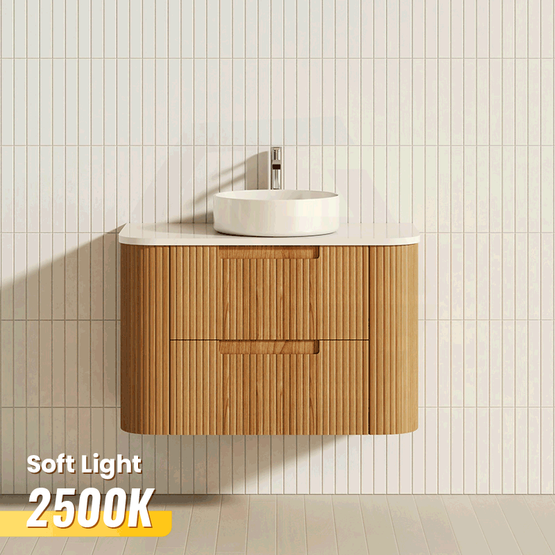 Aulic Varcelli Tier 750-1800mm Curved Ribbed Harvest Oak Wall Hung Vanity with Finger Pull Drawers