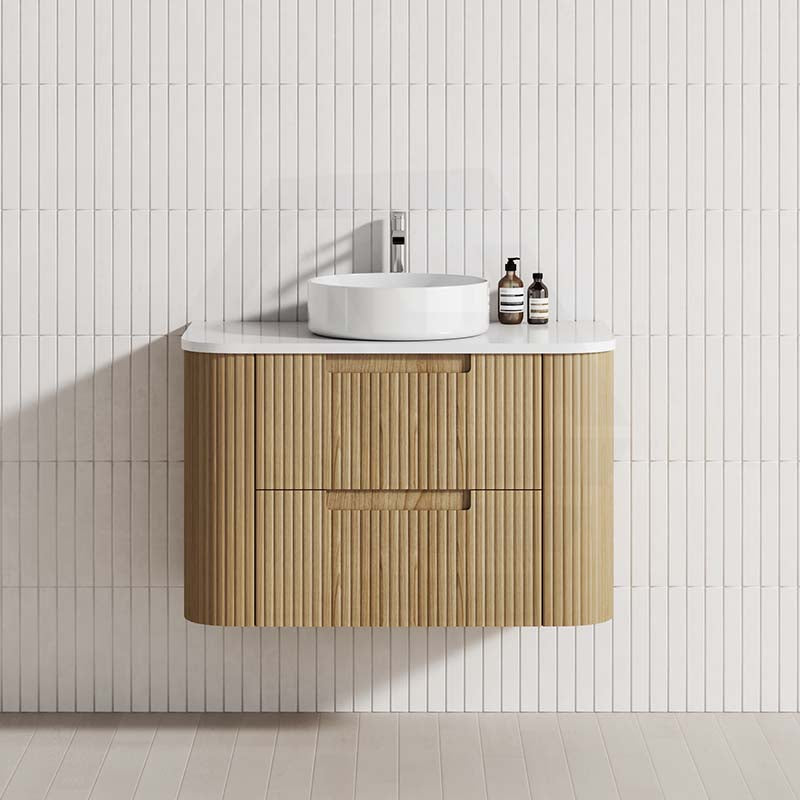 Aulic Varcelli Tier 750-1800mm Curved Ribbed Harvest Oak Wall Hung Vanity with Finger Pull Drawers