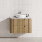 Aulic Varcelli Tier 750-1800mm Curved Ribbed Harvest Oak Wall Hung Vanity with Finger Pull Drawers