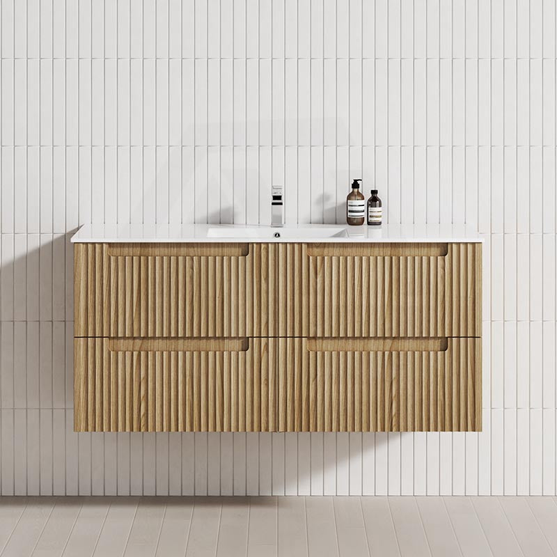 Aulic Lovina Tier 600-1800mm Harvest Oak Fluted Wall Hung Vanity with Finger Pull Drawers