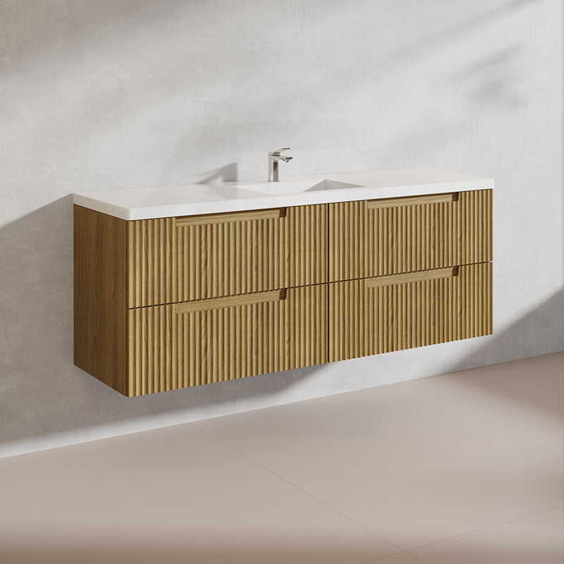 Aulic Lovina Tier 1500mm Single / Double Bowl Harvest Oak Fluted Wall Hung Vanity with Finger Pull Drawers