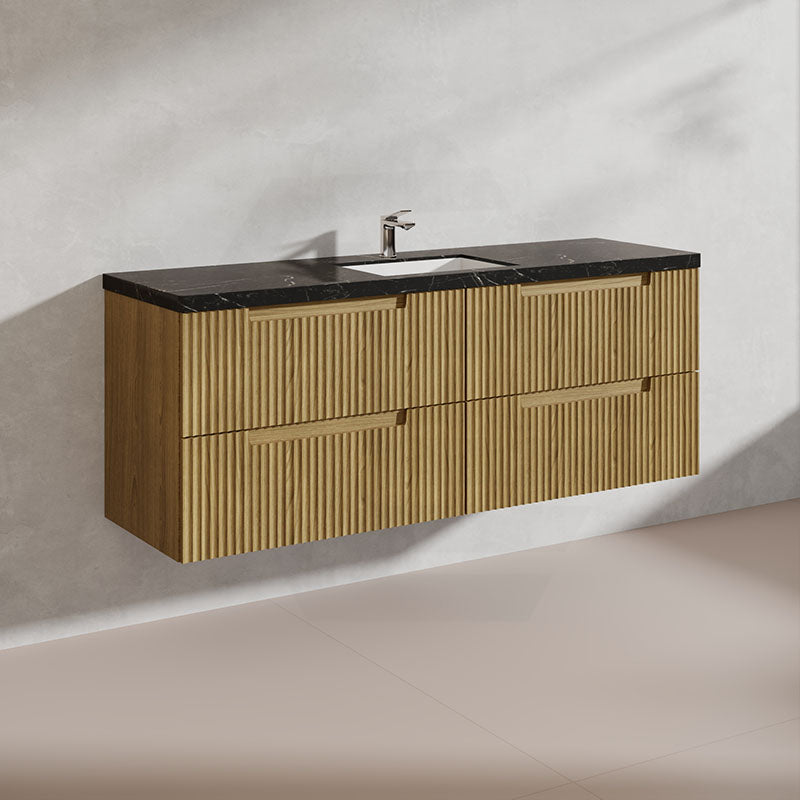 Aulic Lovina Tier 1500mm Single / Double Bowl Harvest Oak Fluted Wall Hung Vanity with Finger Pull Drawers
