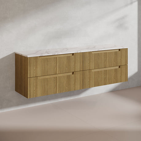 Aulic Lovina Tier 1800mm Single / Double Bowl Harvest Oak Fluted Wall Hung Vanity with Finger Pull Drawers