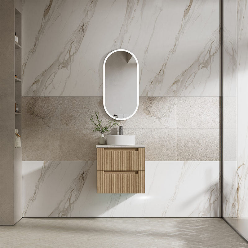 Aulic Lovina Tier 600-1800mm Harvest Oak Fluted Wall Hung Vanity with Finger Pull Drawers