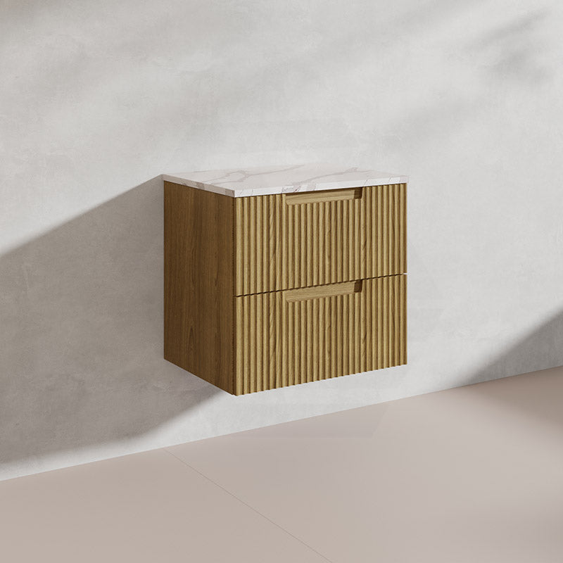 Aulic Lovina Tier 600mm Harvest Oak Fluted Wall Hung Vanity with Finger Pull Drawers