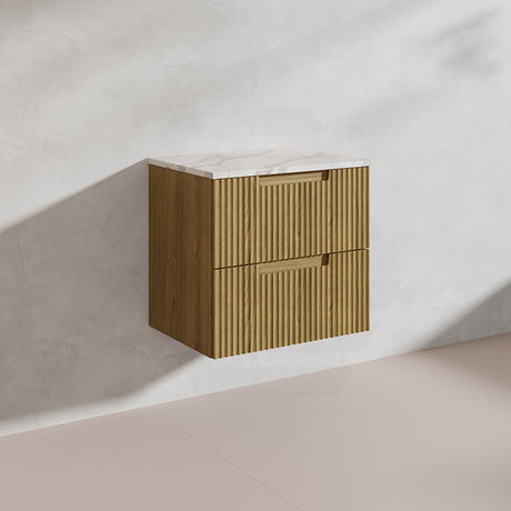 Aulic Lovina Tier 600mm Harvest Oak Fluted Wall Hung Vanity with Finger Pull Drawers