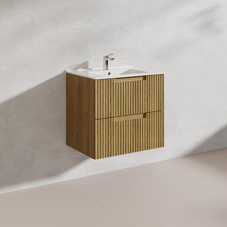 Aulic Lovina Tier 600mm Harvest Oak Fluted Wall Hung Vanity with Finger Pull Drawers