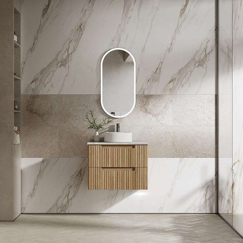 Aulic Lovina Tier 600-1800mm Harvest Oak Fluted Wall Hung Vanity with Finger Pull Drawers