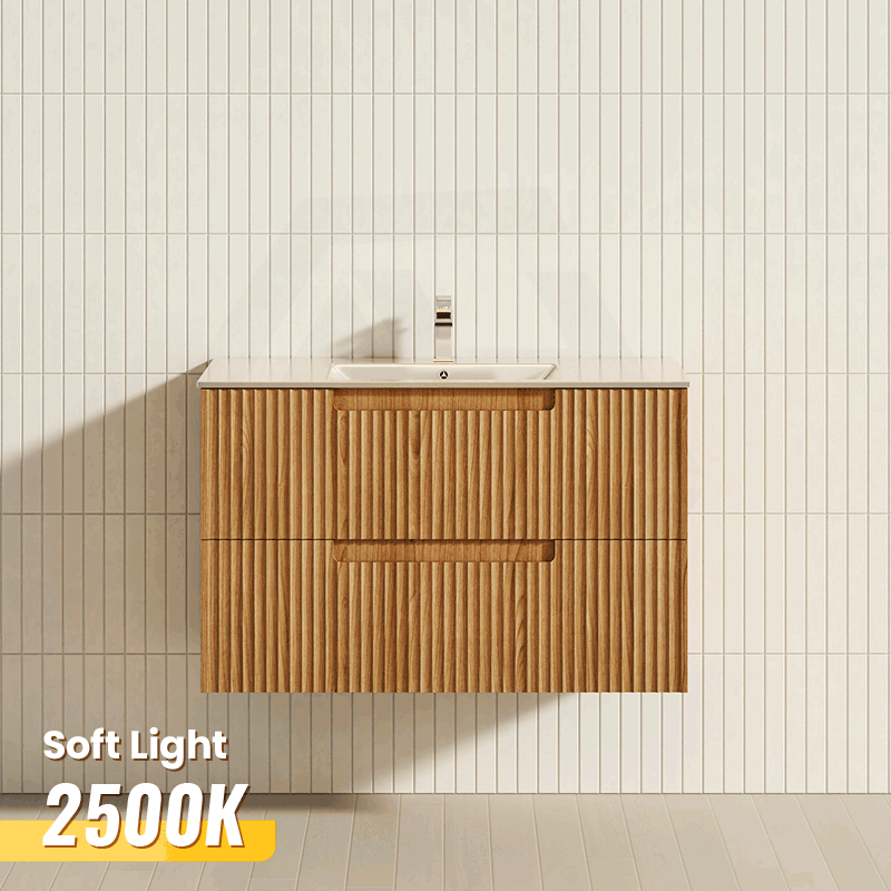 Aulic Lovina Tier 600-1800mm Harvest Oak Fluted Wall Hung Vanity with Finger Pull Drawers