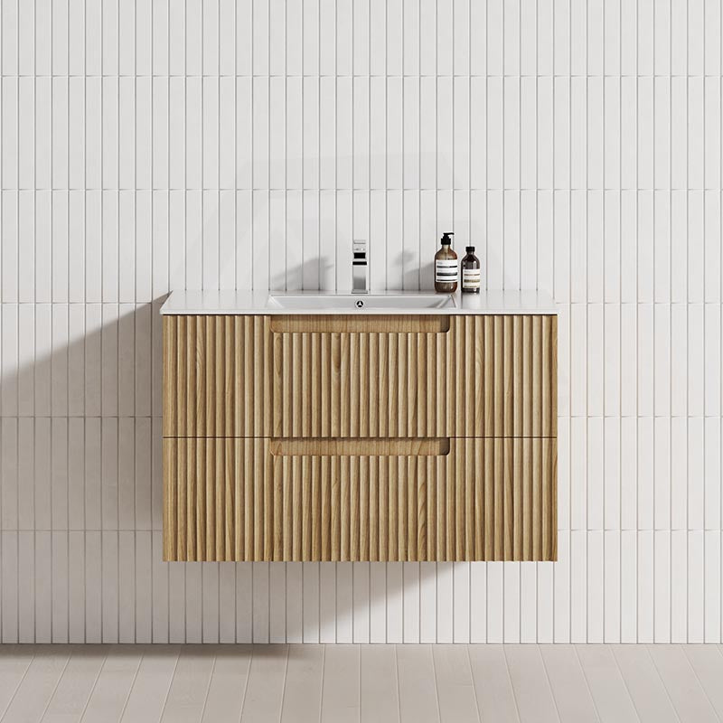 Aulic Lovina Tier 600-1800mm Harvest Oak Fluted Wall Hung Vanity with Finger Pull Drawers