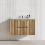 Aulic Lovina Tier 600-1800mm Harvest Oak Fluted Wall Hung Vanity with Finger Pull Drawers