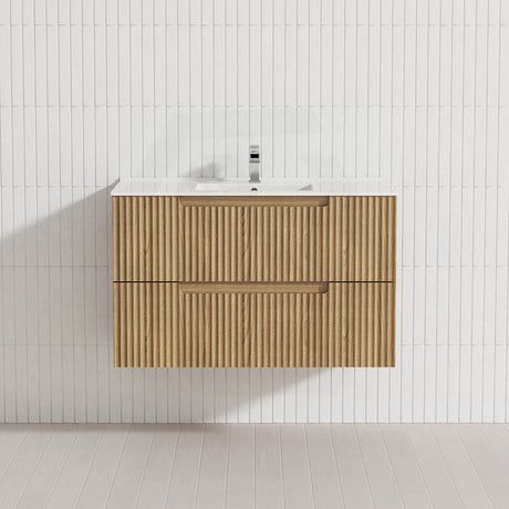 Aulic Lovina Tier 600-1800mm Harvest Oak Fluted Wall Hung Vanity with Finger Pull Drawers
