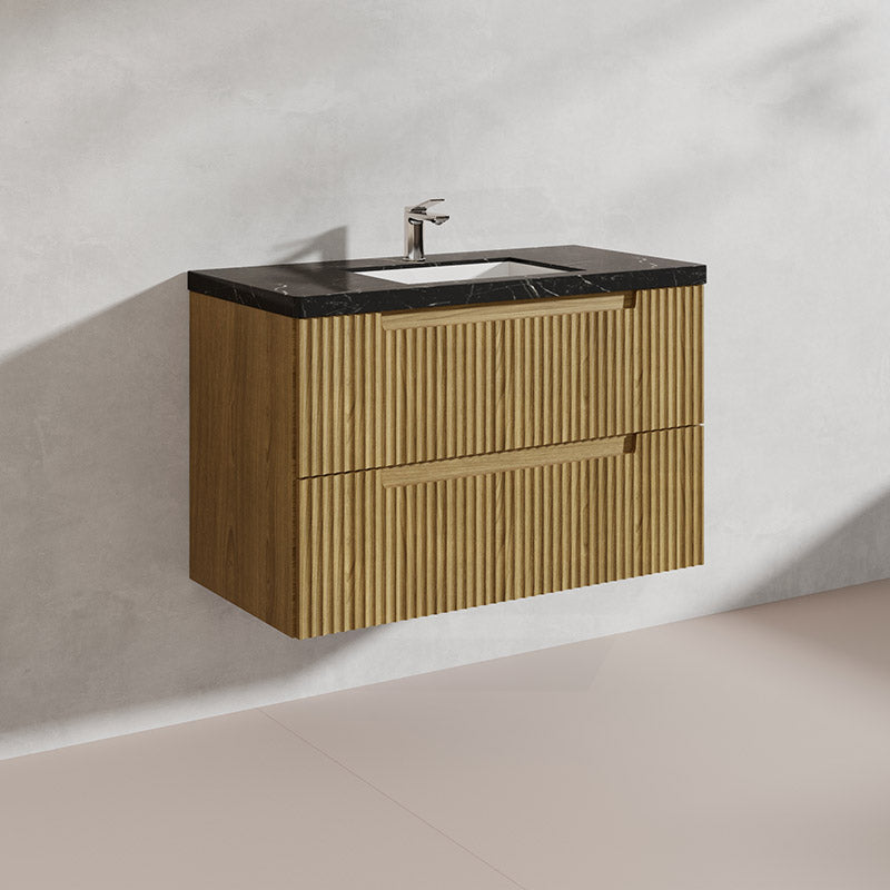 Aulic Lovina Tier 900mm Harvest Oak Fluted Wall Hung Vanity with Finger Pull Drawers
