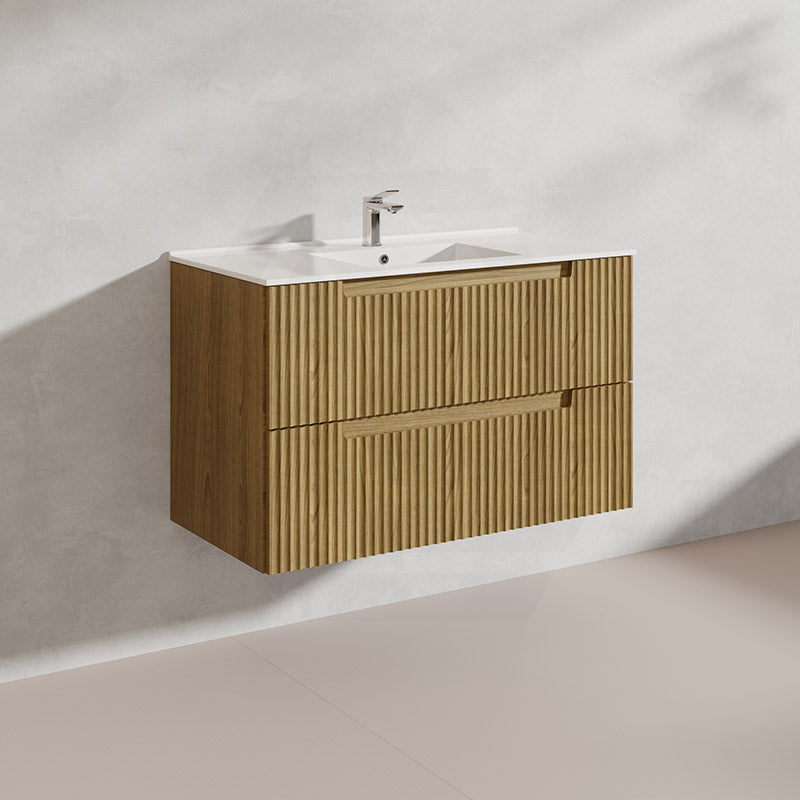 Aulic Lovina Tier 900mm Harvest Oak Fluted Wall Hung Vanity with Finger Pull Drawers
