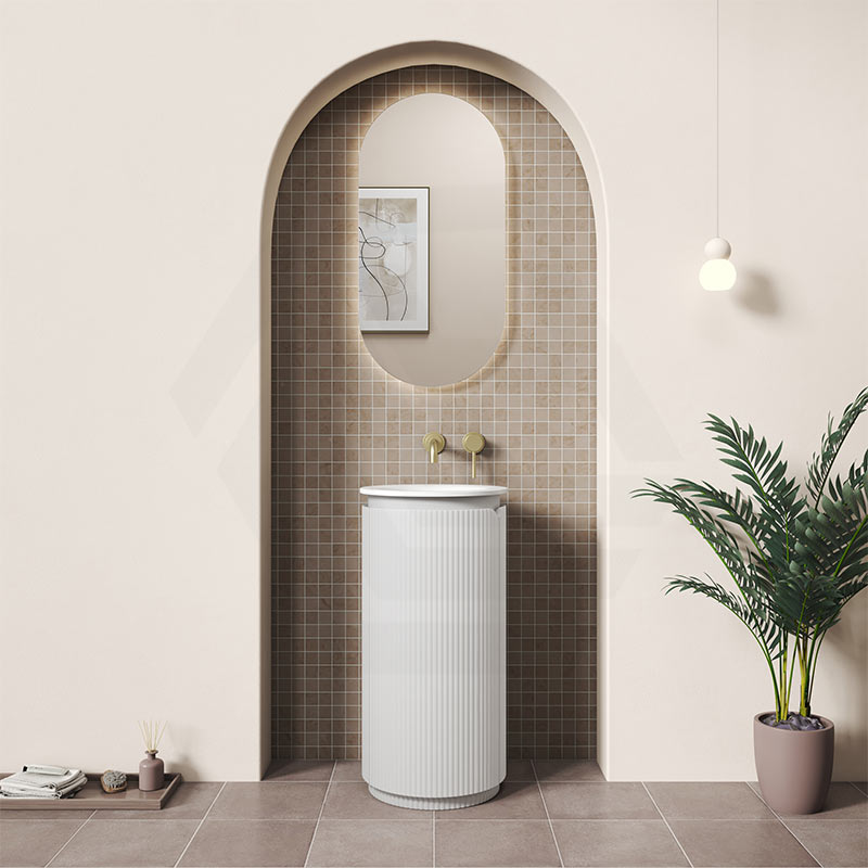 Aulic Civaro 420mm Matt White Fluted Freestanding Pillar Cabinet Only & With Sintera Circle Stone Top No Tap Hole