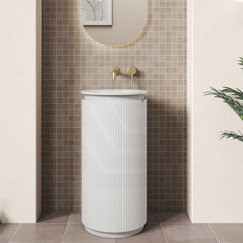 Aulic Civaro 420mm Matt White Fluted Freestanding Pillar Cabinet Only & With Sintera Circle Stone Top No Tap Hole