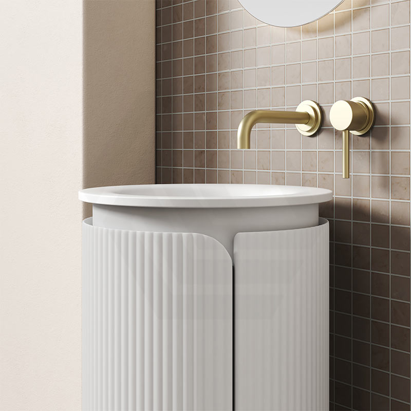 Aulic Civaro 420mm Matt White Fluted Freestanding Pillar Cabinet Only & With Sintera Circle Stone Top No Tap Hole