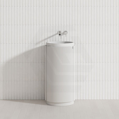 Aulic Civaro 420mm Matt White Fluted Floor Standing Pillar Plywood Vanity, Sintera Circle Stone Top