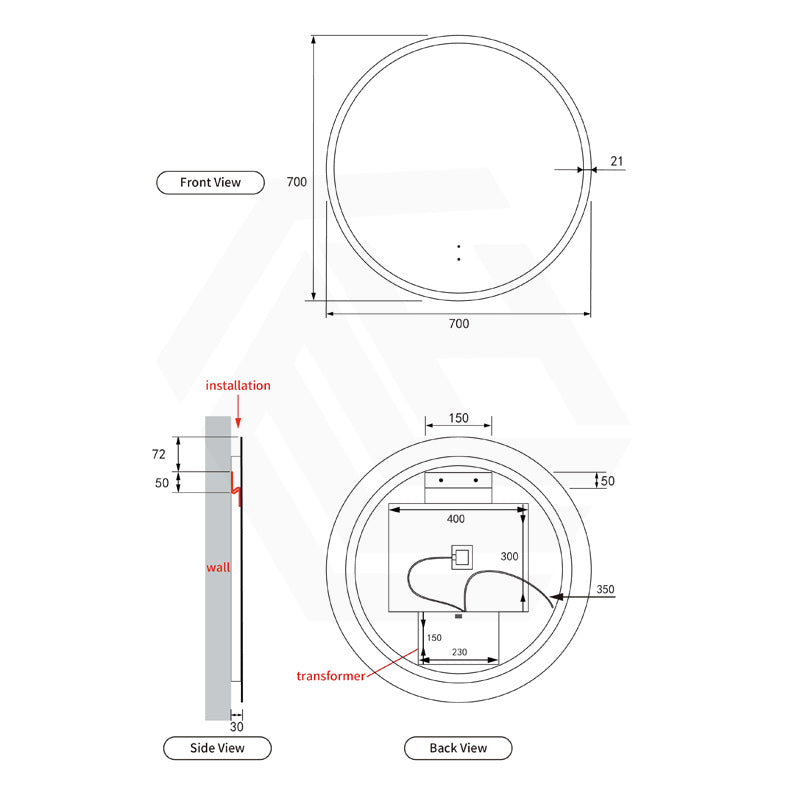 700mm Aulic Windsor Round Frameless LED Mirror Backlit Touch-Free Sensor