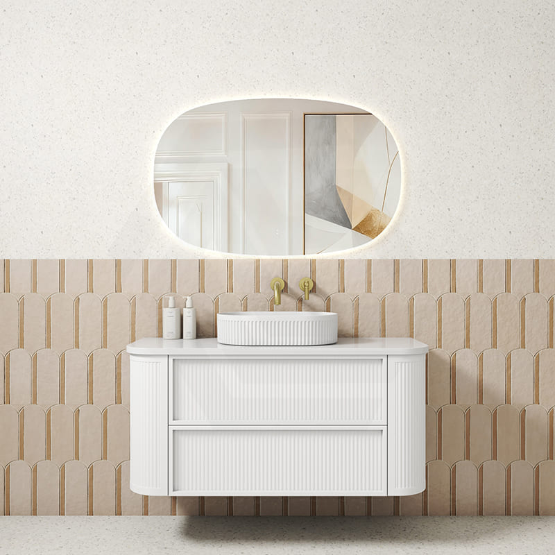 Aulic Ramee 750-1800mm Matt White Fluted Curved Plywood Wall Hung Vanity with L-Rail Finger Pull Drawers