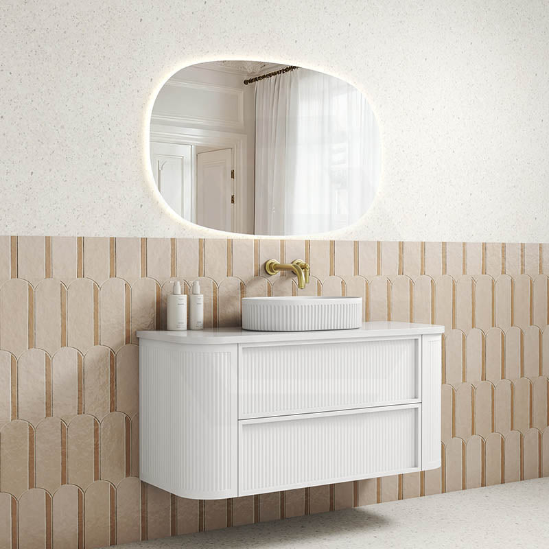 Aulic Ramee 750-1800mm Matt White Fluted Curved Plywood Wall Hung Vanity with L-Rail Finger Pull Drawers