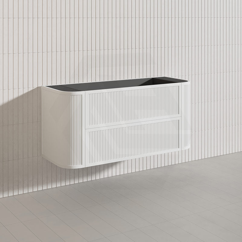 Aulic Ramee 1200mm Fluted Curved Plywood Single/Double Bowls Wall Hung Vanity with L-Rail Finger Pull Drawers Matt White