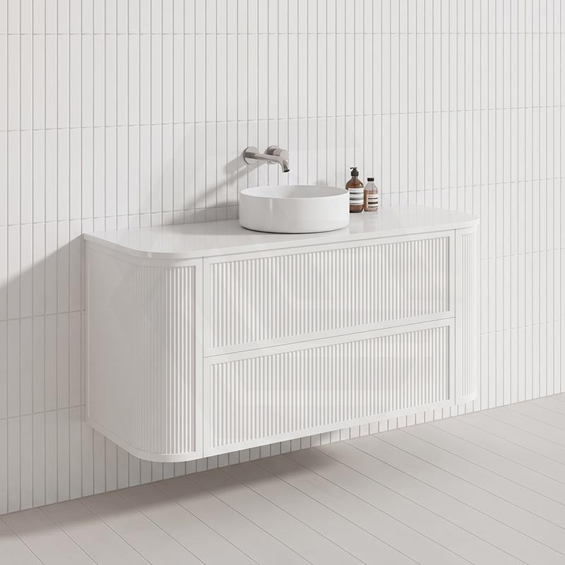 Aulic Ramee 1200mm Fluted Curved Plywood Single/Double Bowls Wall Hung Vanity with L-Rail Finger Pull Drawers Matt White