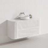 Aulic Ramee 1200mm Fluted Curved Plywood Single/Double Bowls Wall Hung Vanity with L-Rail Finger Pull Drawers Matt White
