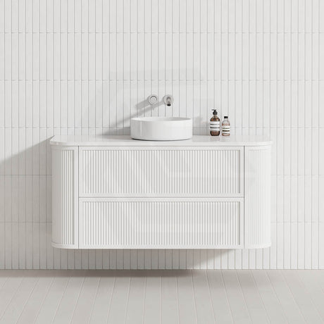 Aulic Ramee 750-1800mm Matt White Fluted Curved Plywood Wall Hung Vanity with L-Rail Finger Pull Drawers