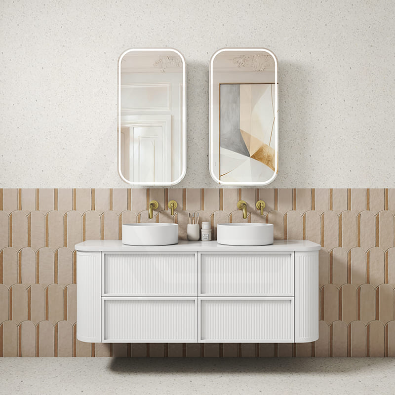 Aulic Ramee 750-1800mm Matt White Fluted Curved Plywood Wall Hung Vanity with L-Rail Finger Pull Drawers