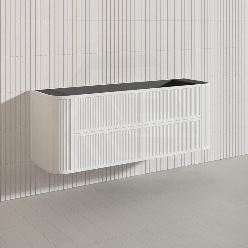 Aulic Ramee 1500mm Fluted Curved Plywood Single/Double Bowls Wall Hung Vanity with L-Rail Finger Pull Drawers Matt White