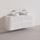 Aulic Ramee 1500mm Fluted Curved Plywood Single/Double Bowls Wall Hung Vanity with L-Rail Finger Pull Drawers Matt White