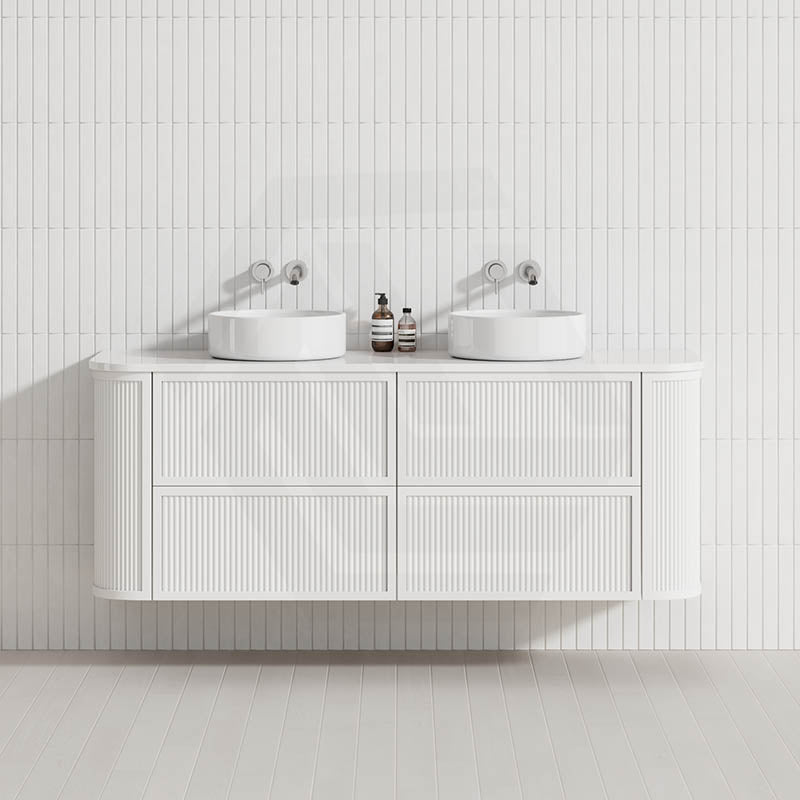 Aulic Ramee 750-1800mm Matt White Fluted Curved Plywood Wall Hung Vanity with L-Rail Finger Pull Drawers