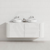 Aulic Ramee 750-1800mm Matt White Fluted Curved Plywood Wall Hung Vanity with L-Rail Finger Pull Drawers