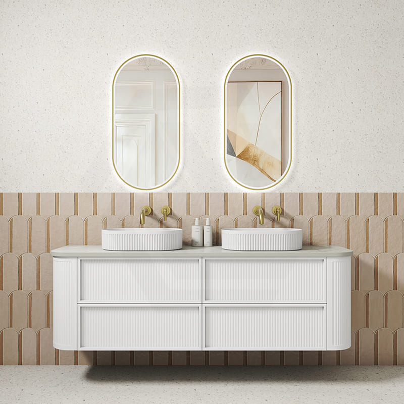 Aulic Ramee 750-1800mm Matt White Fluted Curved Plywood Wall Hung Vanity with L-Rail Finger Pull Drawers