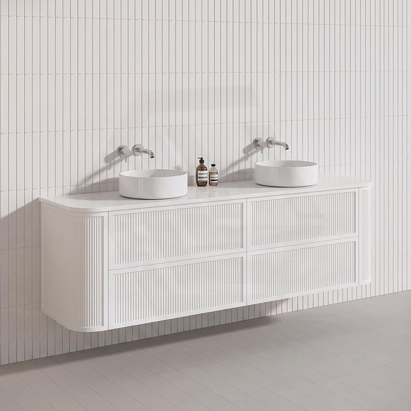 Aulic Ramee 1800mm Fluted Curved Plywood Single/Double Bowls Wall Hung Vanity with L-Rail Finger Pull Drawers Matt White