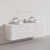 Aulic Ramee 1800mm Fluted Curved Plywood Single/Double Bowls Wall Hung Vanity with L-Rail Finger Pull Drawers Matt White