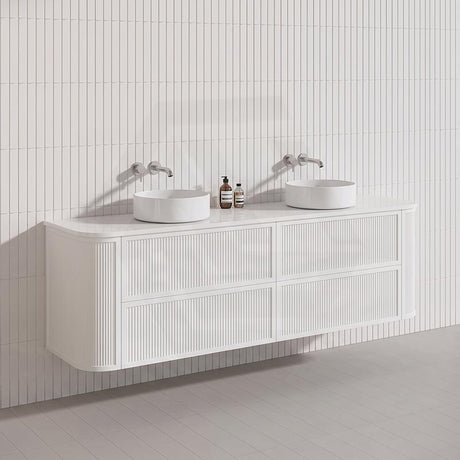 Aulic Ramee 1800mm Fluted Curved Plywood Single/Double Bowls Wall Hung Vanity with L-Rail Finger Pull Drawers Matt White