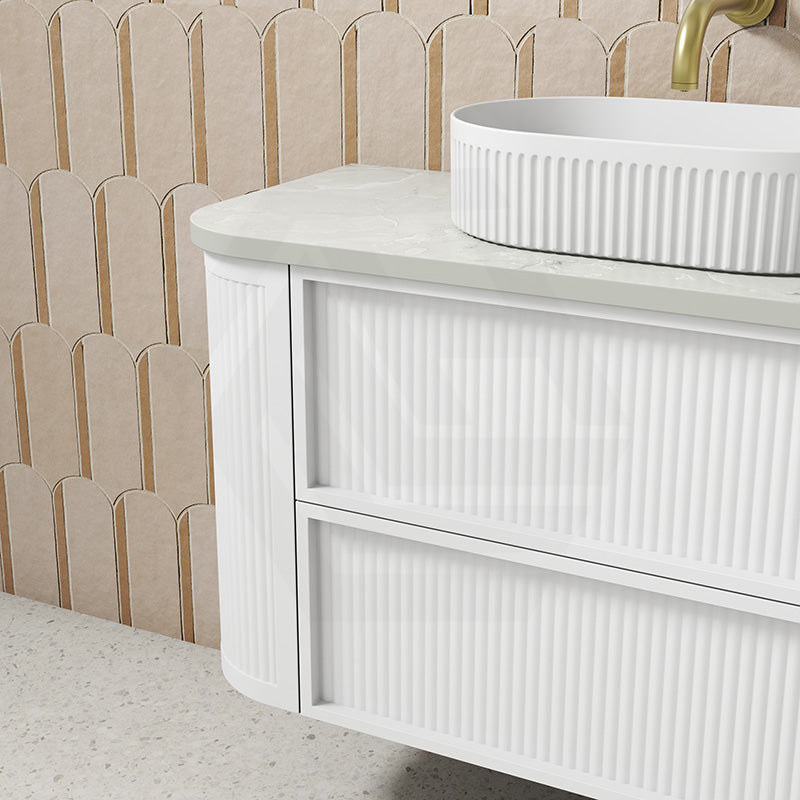 Aulic Ramee 750-1800mm Matt White Fluted Curved Plywood Wall Hung Vanity with L-Rail Finger Pull Drawers