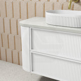 Aulic Ramee 750-1800mm Matt White Fluted Curved Plywood Wall Hung Vanity with L-Rail Finger Pull Drawers