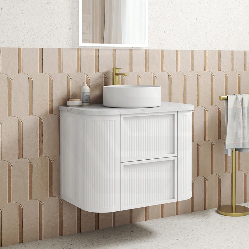 Aulic Ramee 750-1800mm Matt White Fluted Curved Plywood Wall Hung Vanity with L-Rail Finger Pull Drawers