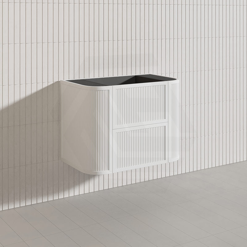 Aulic Ramee 750mm Fluted Curved Plywood Single Bowl Wall Hung Vanity with L-Rail Finger Pull Drawers Matt White