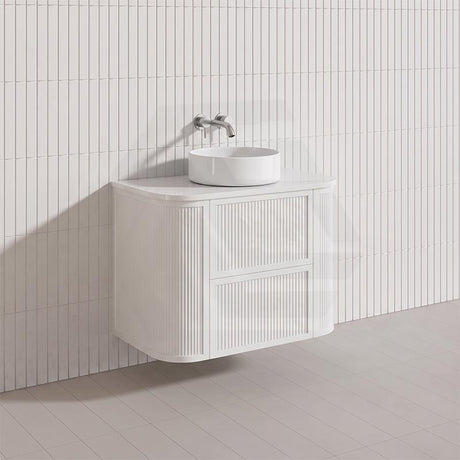 Aulic Ramee 750mm Fluted Curved Plywood Single Bowl Wall Hung Vanity with L-Rail Finger Pull Drawers Matt White