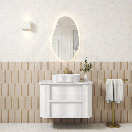 Aulic Ramee 750-1800mm Matt White Fluted Curved Plywood Wall Hung Vanity with L-Rail Finger Pull Drawers