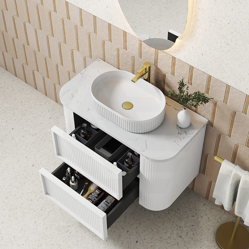 Aulic Ramee 750-1800mm Matt White Fluted Curved Plywood Wall Hung Vanity with L-Rail Finger Pull Drawers